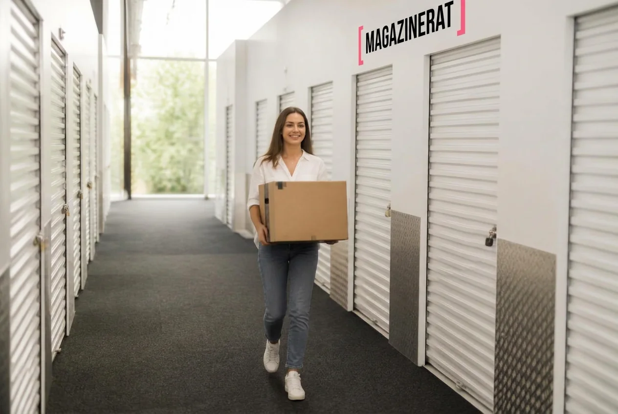 Ljus korridor med vita förrådsdörrar i Magazinerats anläggning